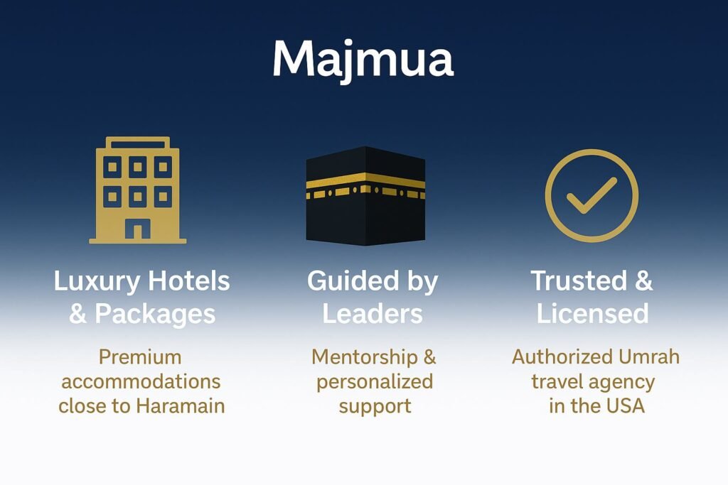 Majmua is different from other travel companies with luxury Umrah hotels, guided leaders, and trusted licensed services.