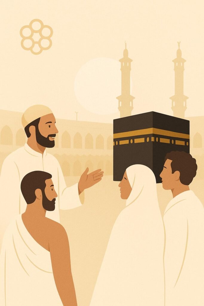 Muslim group receiving guidance at the Kaaba, reflecting support and learning in a guided Umrah journey.